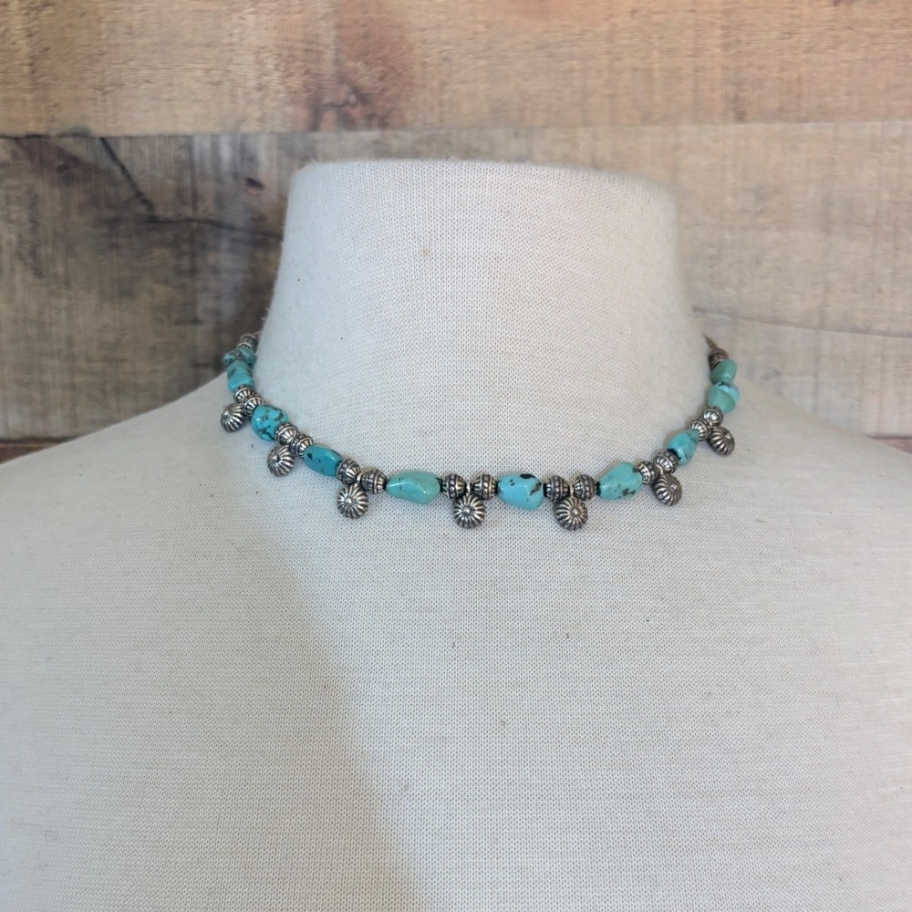 Faux Turquoise Nugget Choker Necklace Silver Tone Heart Charm